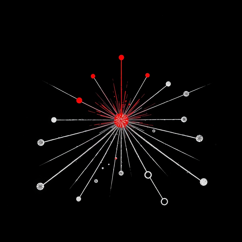 A crimson conversion spark at the center of a hand-etched network of ad-tracking signals on black
