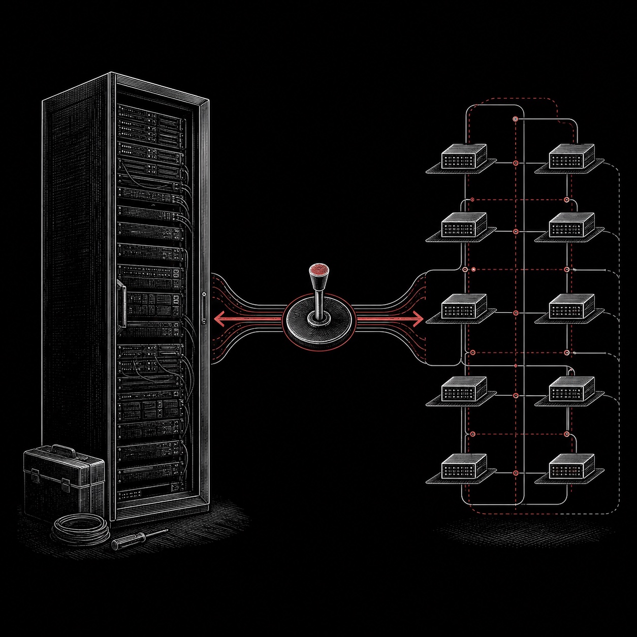 A self-hosted server and a managed routing grid meeting at one operator decision point