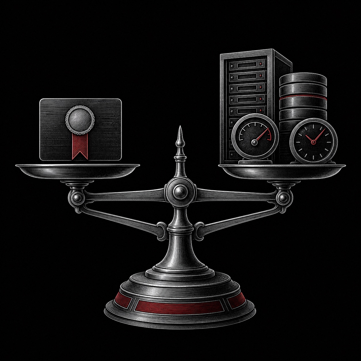 A licence card, a server rack, and an operator clock balanced as one total-cost equation