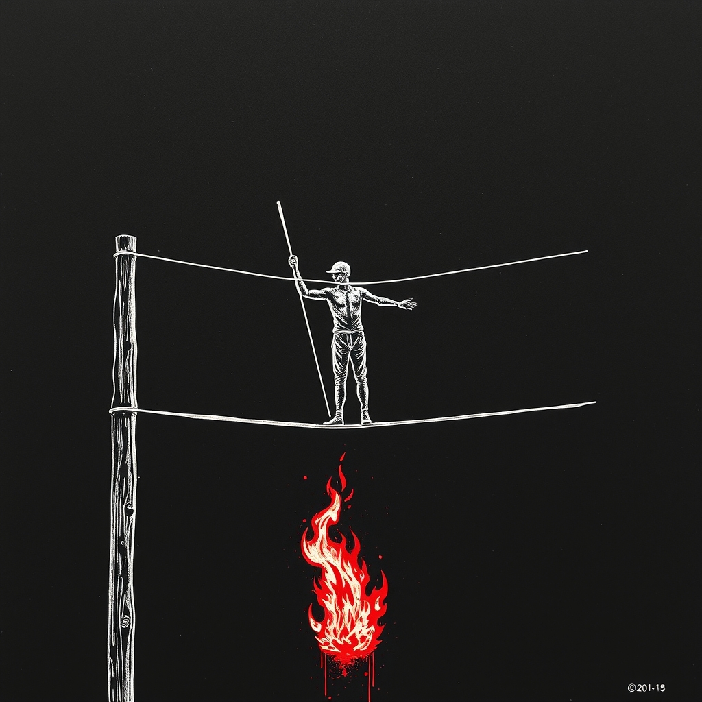 A tightrope walker balanced exactly at the midpoint of a taut rope strung between two tall poles, one pole engulfed in flame