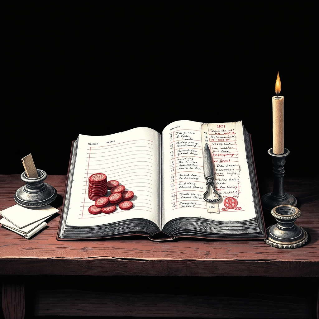 An open ledger book on a wooden desk, a quill pen mid-stroke, one page stacked with coins and the facing page covered in torn receipts and IOU notes, an inkwell beside it