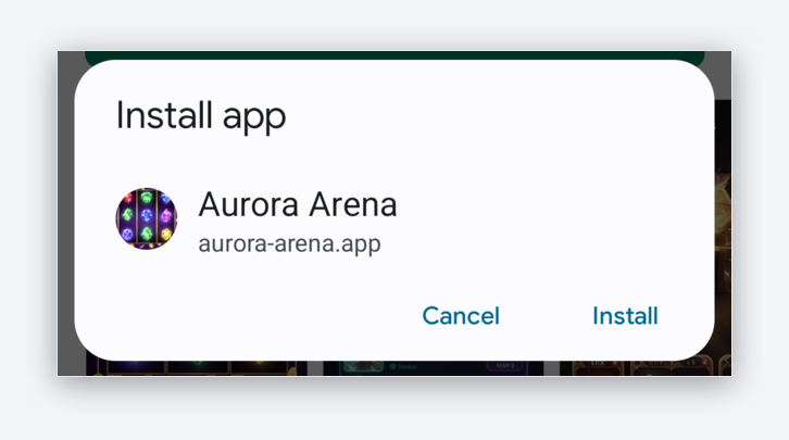 Chrome's compact install dialog, cropped from a phone capture: a small card with the app icon, name, origin, and Cancel and Install text buttons