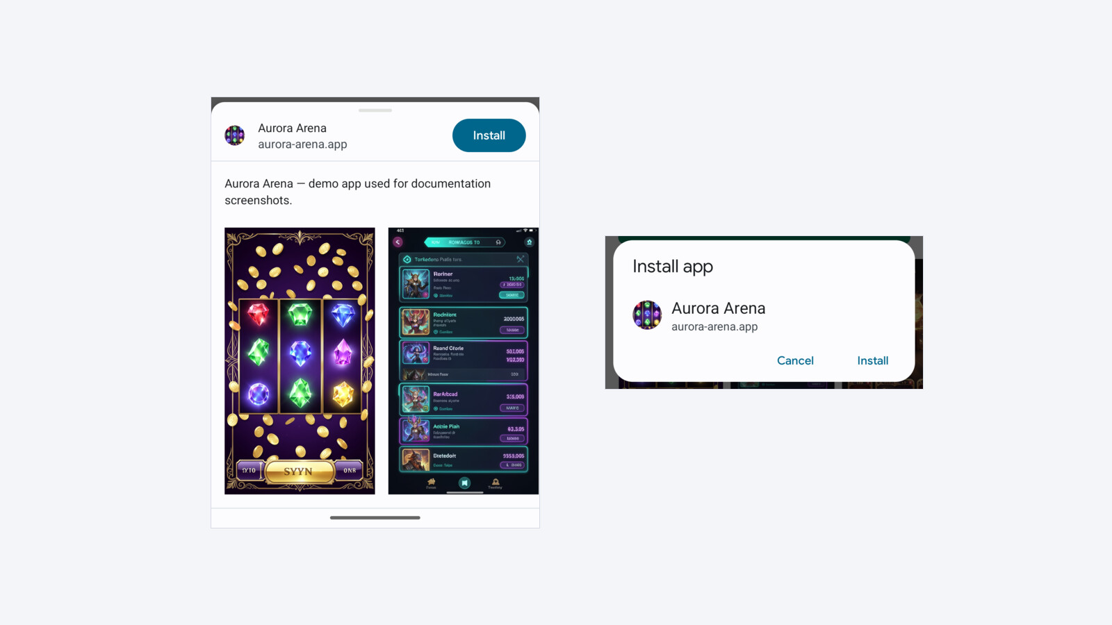 Chrome's two install dialogs for the same app side by side: the tall sheet with a screenshot gallery on the left, the small Install app card on the right, drawn to the same scale