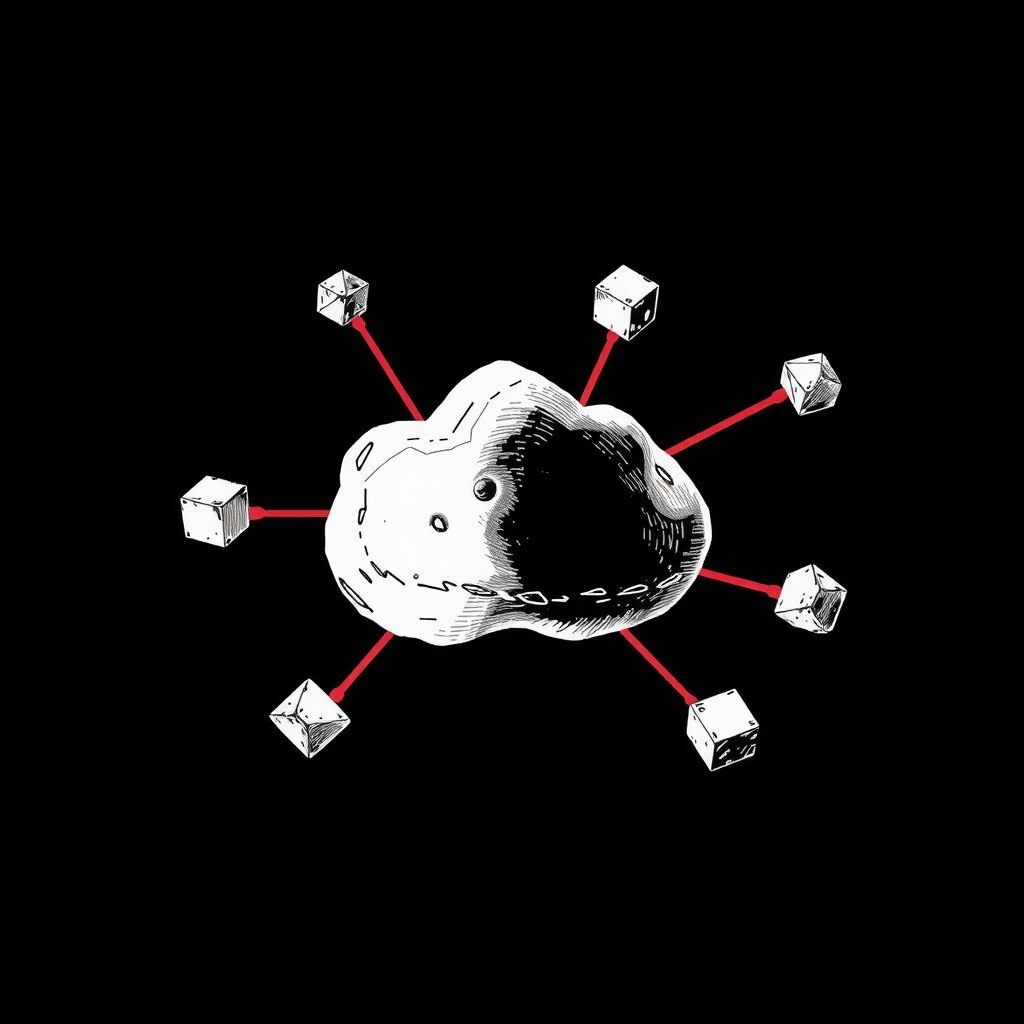 Seven etched tracking routes branch from one cloud into different operating models