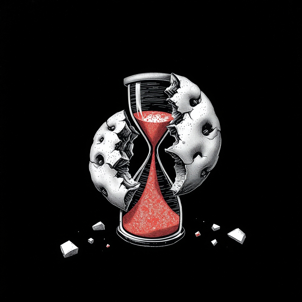 A brittle cookie cracking apart into crumbling shards under an hourglass losing sand