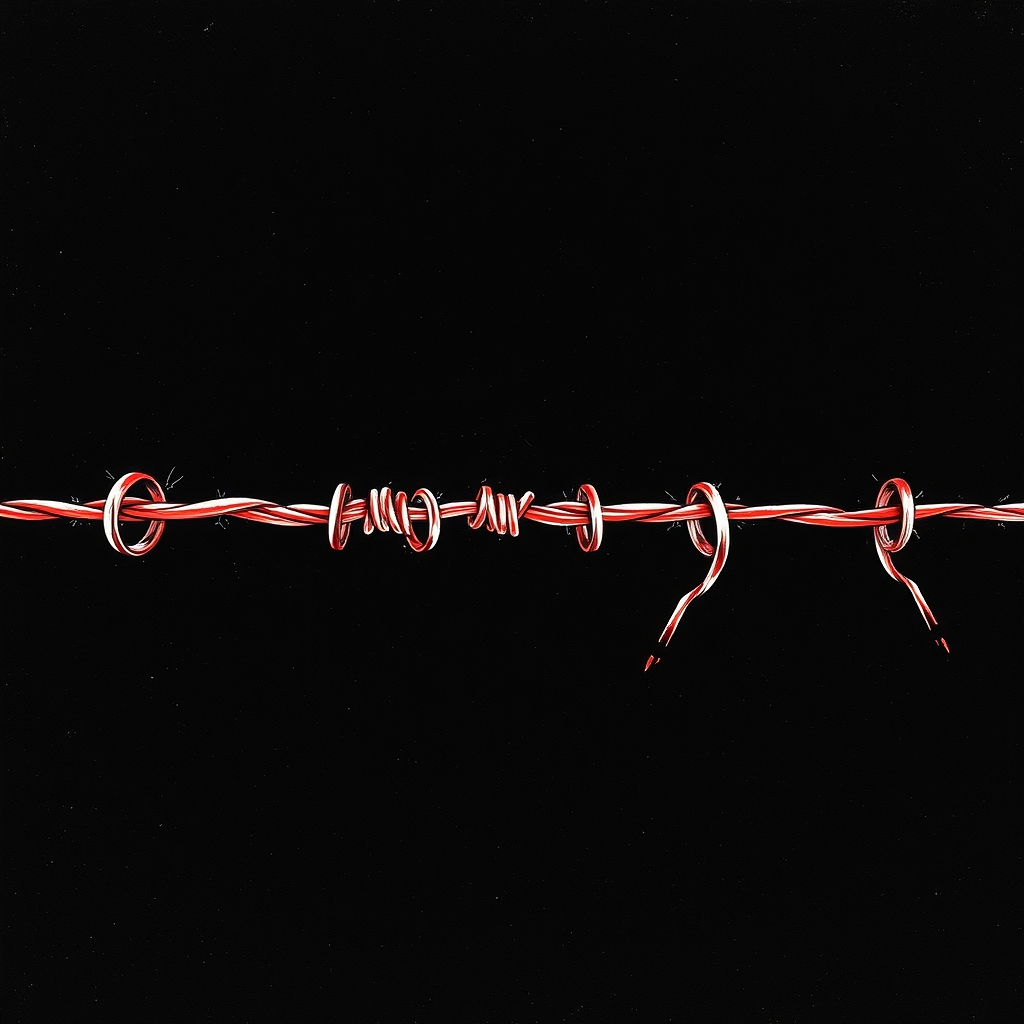 A single unbroken thread passing intact through a series of narrow rings and hoops