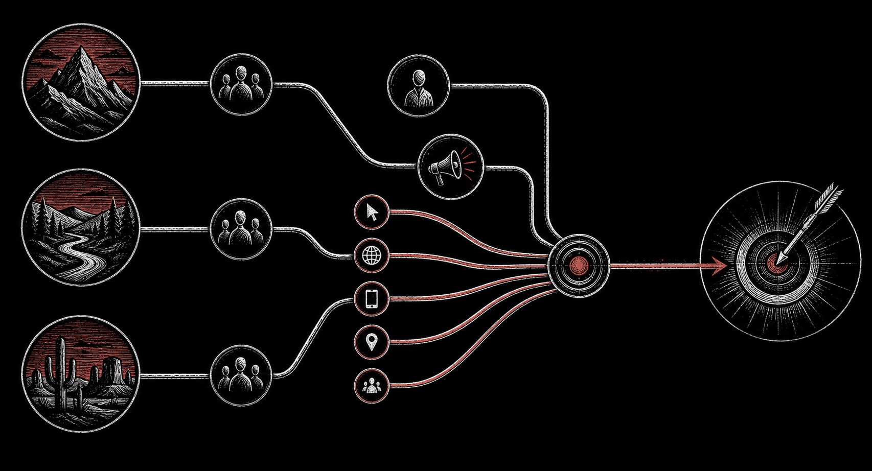 Hand-etched advertising signals converging through a tracking junction into one attribution target