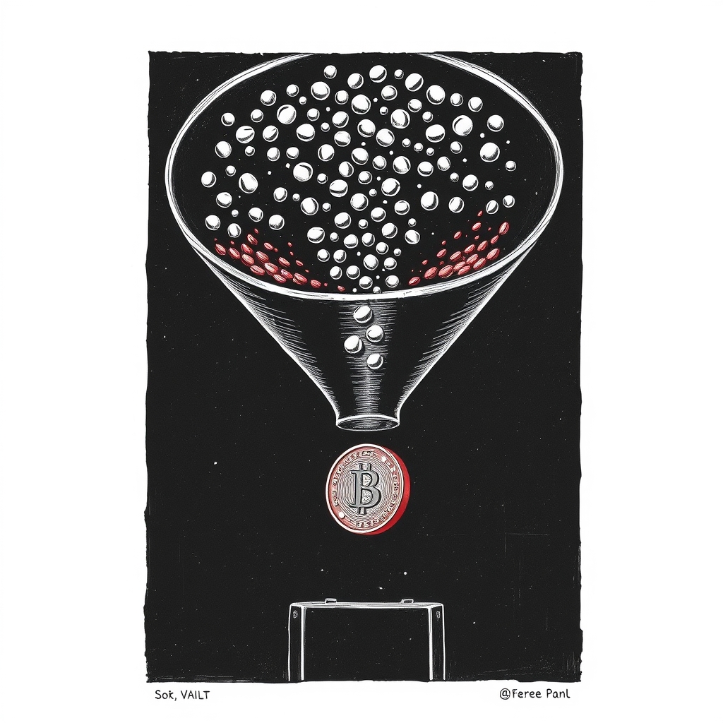 A wide funnel narrowing from many small pebbles at the top to a single coin dropping into a vault at the bottom