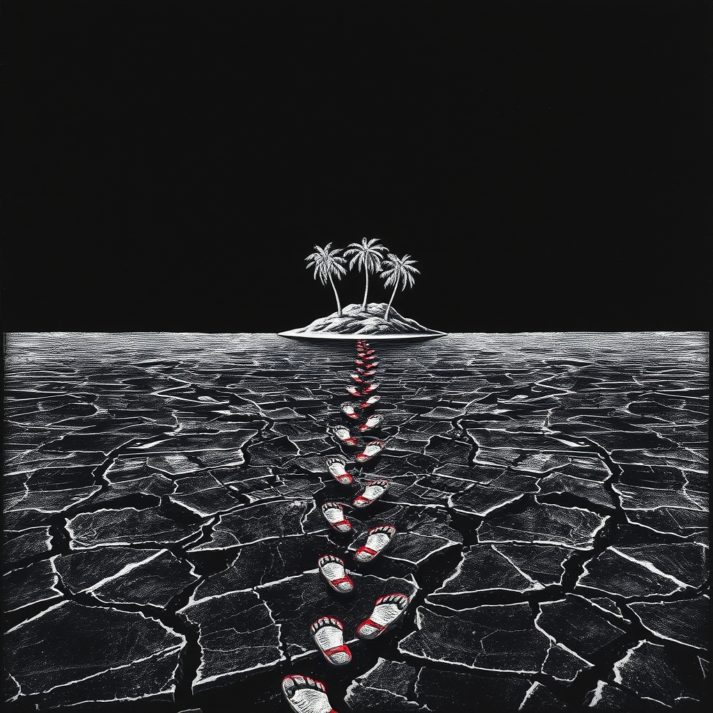 A mirage of a shimmering oasis above a cracked desert floor, with a trail of footprints leading toward it and stopping short