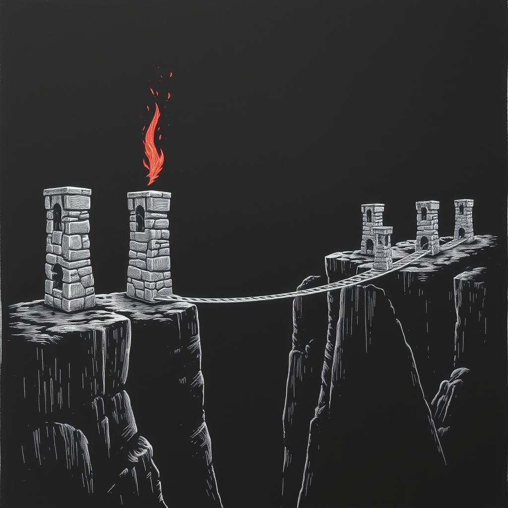 A chain of hands passing a lit torch between stone towers spanning a canyon