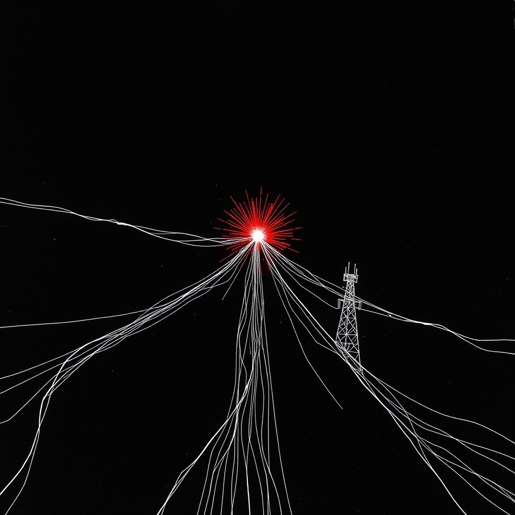 Multiple bundles of signal wires converging from every direction into a single crimson spark beside a transmission tower
