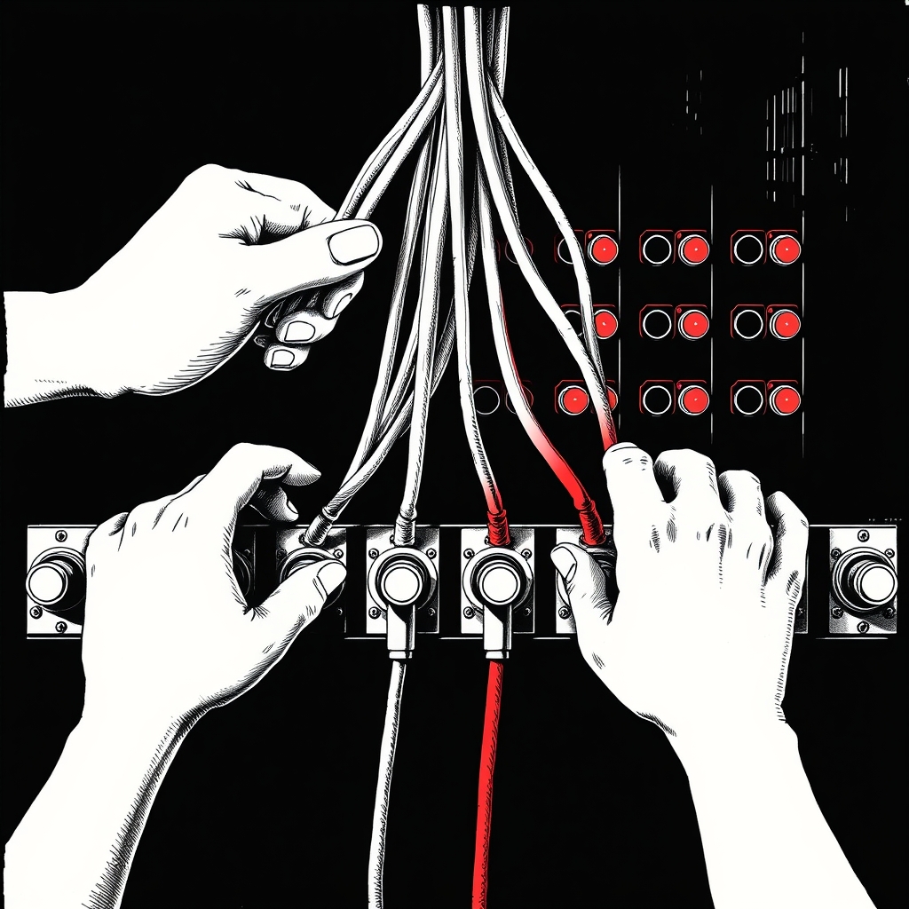 A pair of hands routing a bundle of thick cables of different diameters into separate sockets on an old switchboard panel