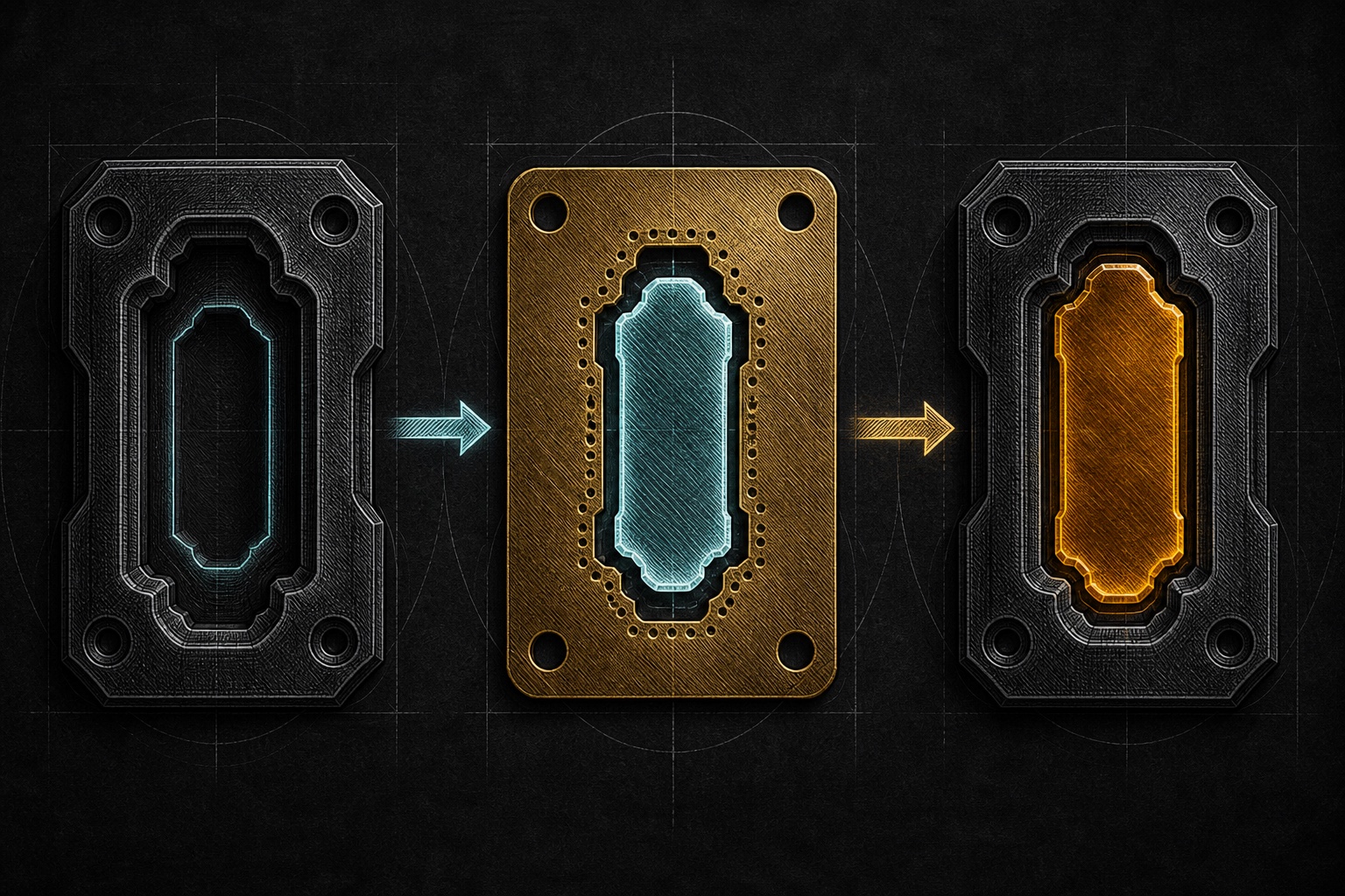An empty receiver socket, a replaceable token stencil and the final resolved token shown as three separate layers