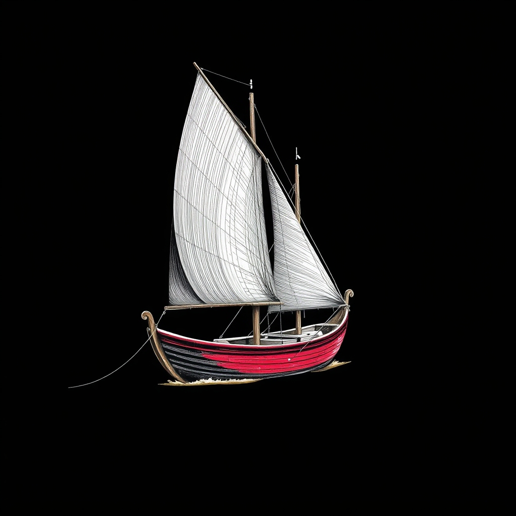 A single boat rigged with two sails at once, one already raised and catching wind while the second is hoisted alongside it