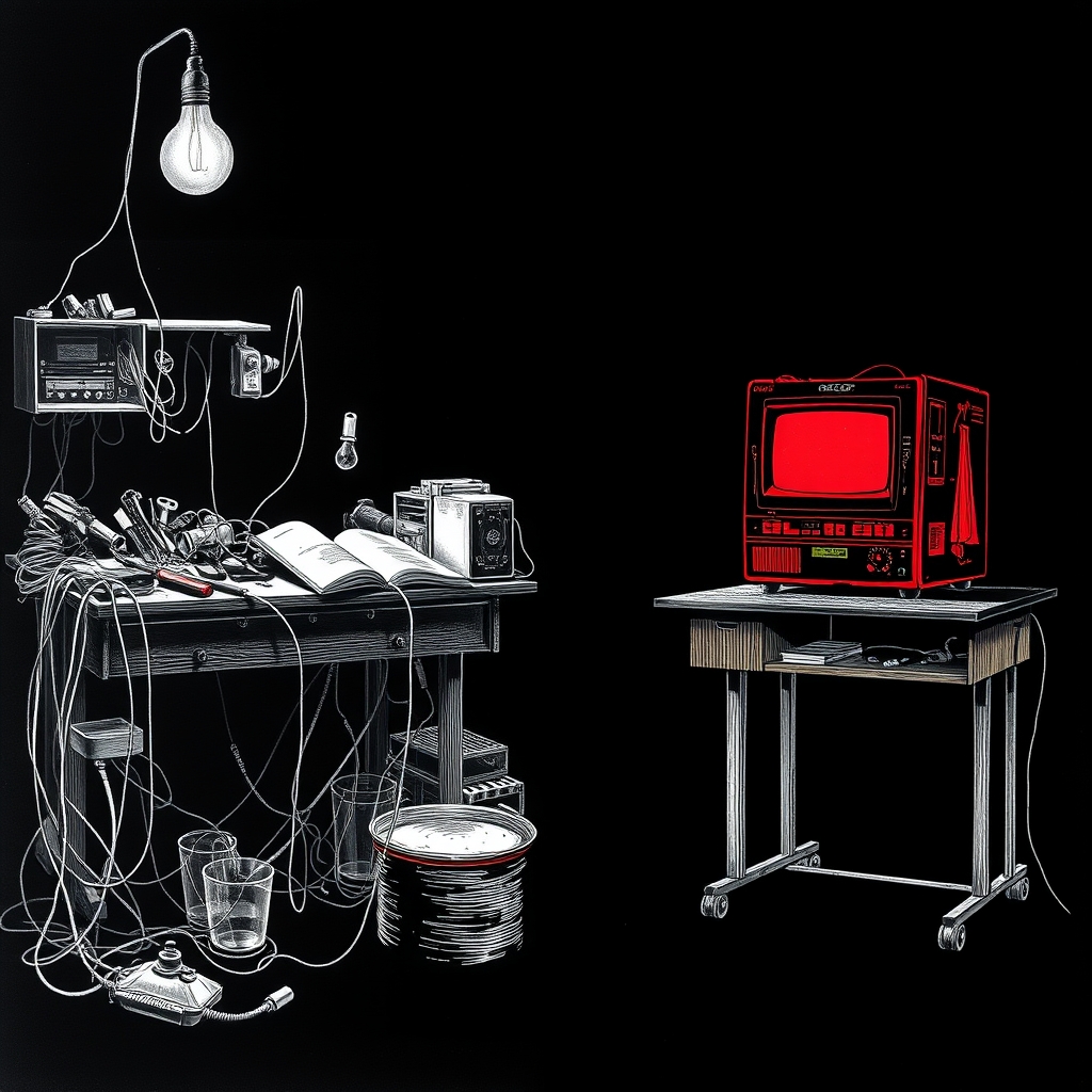 Two workbenches side by side — one overflowing with tangled cables, spare parts, and an open repair manual, the other holding a single sealed humming machine