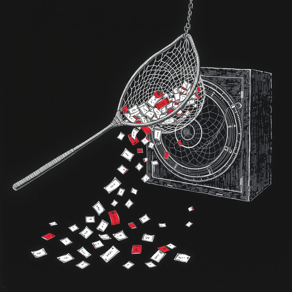 A fishing net full of small paper tokens spilling out, while a closed steel vault sits untouched beside it
