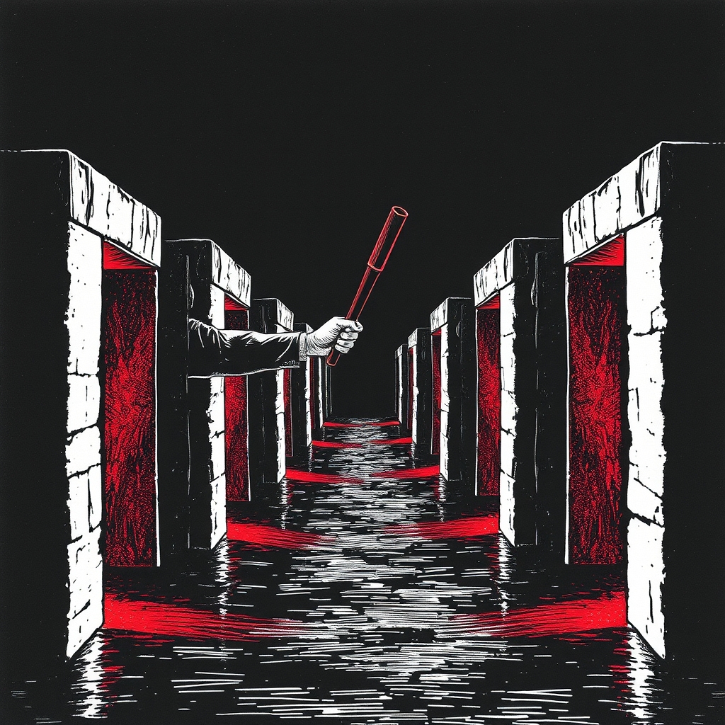 A single relay baton passing hand to hand across a row of separate stone gates, each gate a different color of light