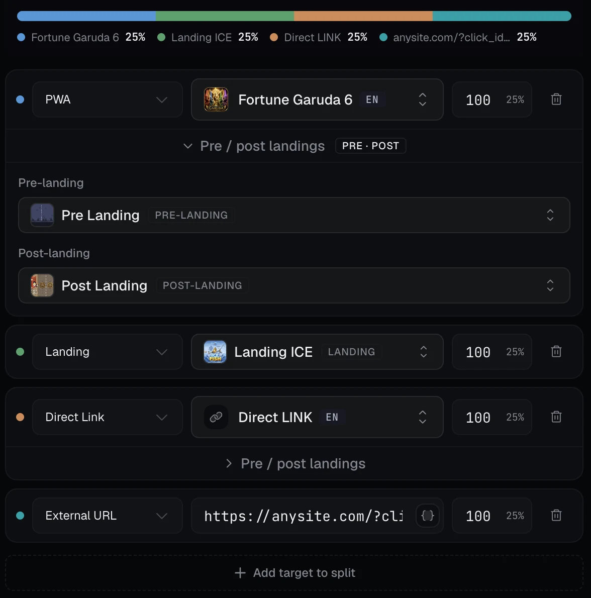 DarkCore streams list with domains, cloak and statuses